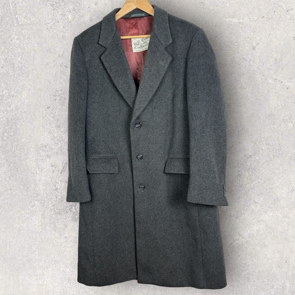 Moores Wool Cashmere Grey Long Mens Coat Size 42 Regular Notched Lapel Lined